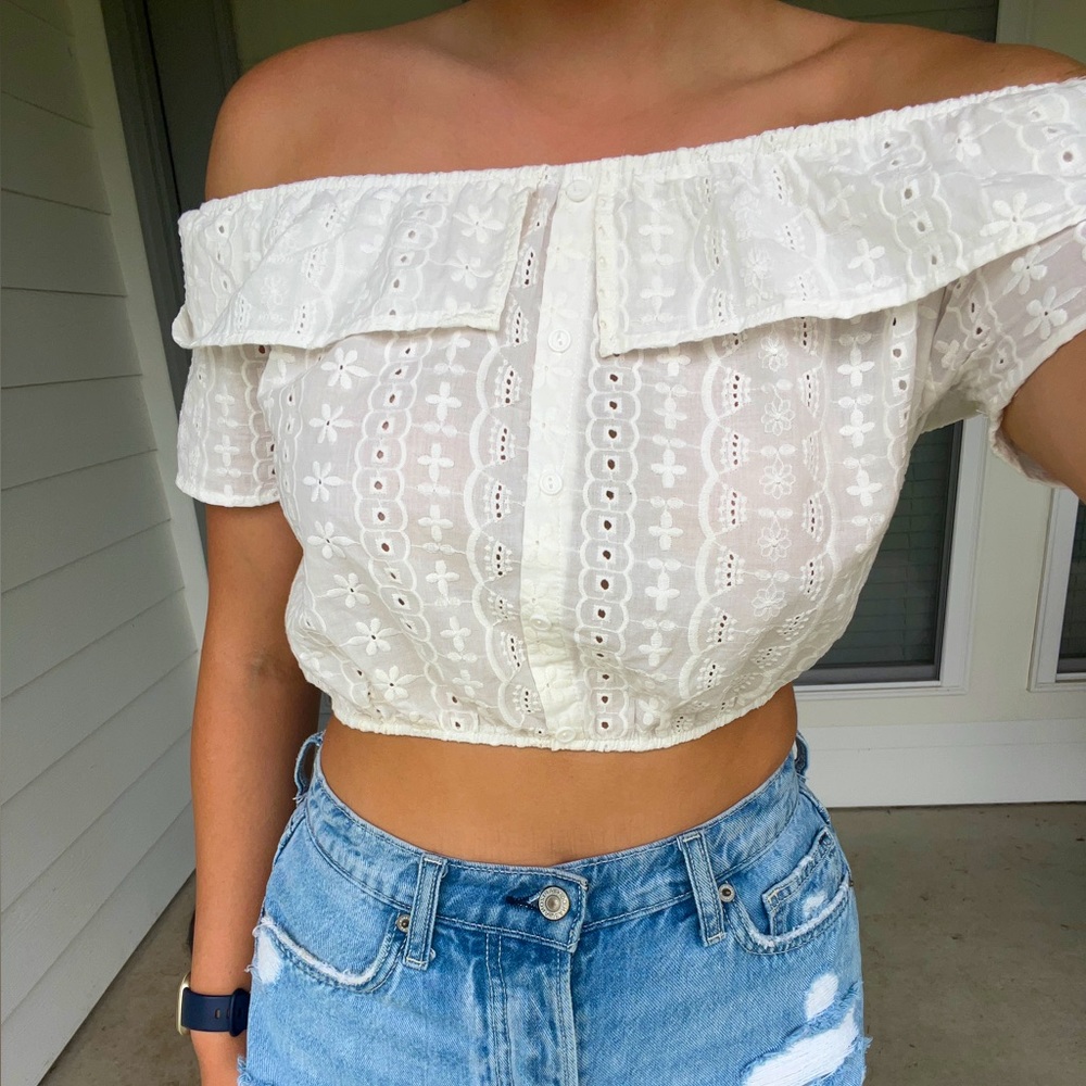Off The Shoulder White Lace Crop Top